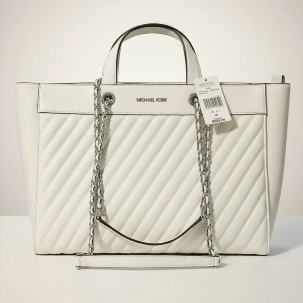 Michael Kors Rose Large Quilted East/West Tote Bag Handbag Optic White $528 Nwt - Picture 1 of 11